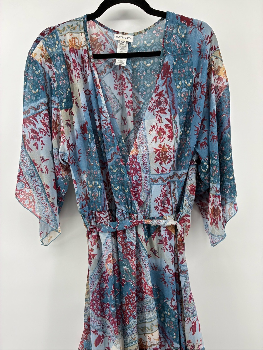 Boho Blue Floral Patchwork Maxi Dress with Tie Waist - Picture 4 of 13